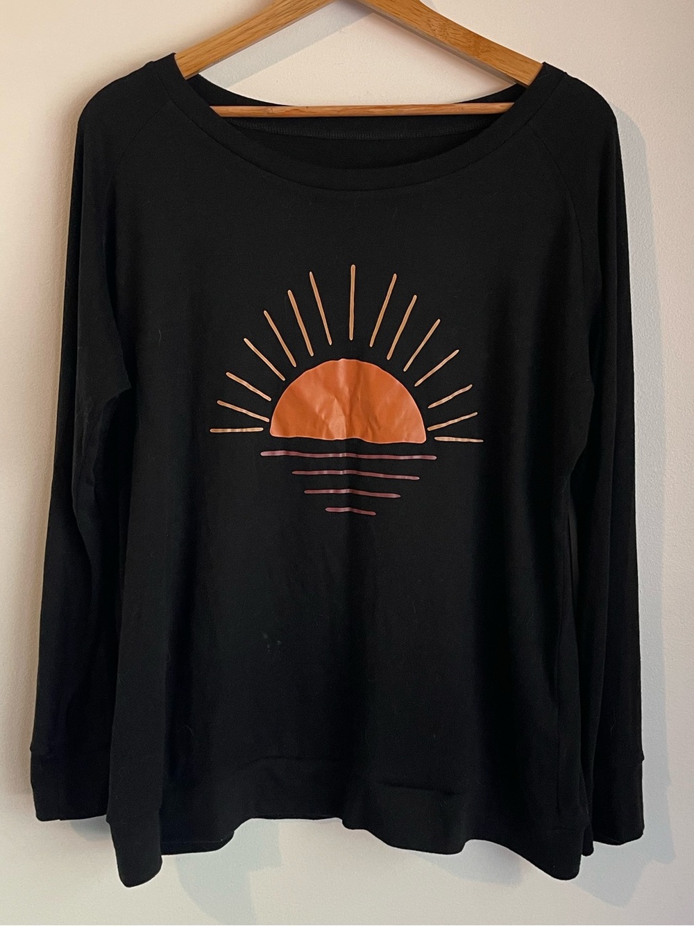 Graphic Sun Print Long Sleeve Top Black Orange XL Boho Sunset Crewneck Knit